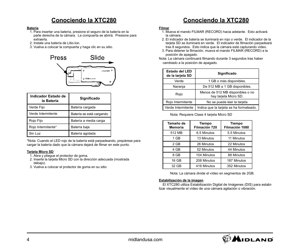 Conociendo la xtc280, Batería, Tarjeta micro sd | Filmar, Estabilización de la imagen | MIDLAND XTC-280 User Manual | Page 4 / 12