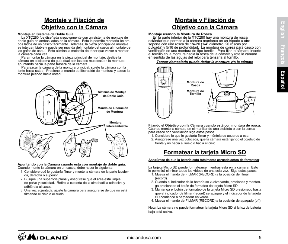 Montaje y fijación de, Objetivo con la cámara, Formatear la tarjeta micro sd | Montaje y fijación de objetivo con la cámara, English françois español | MIDLAND XTC-280 User Manual | Page 5 / 12