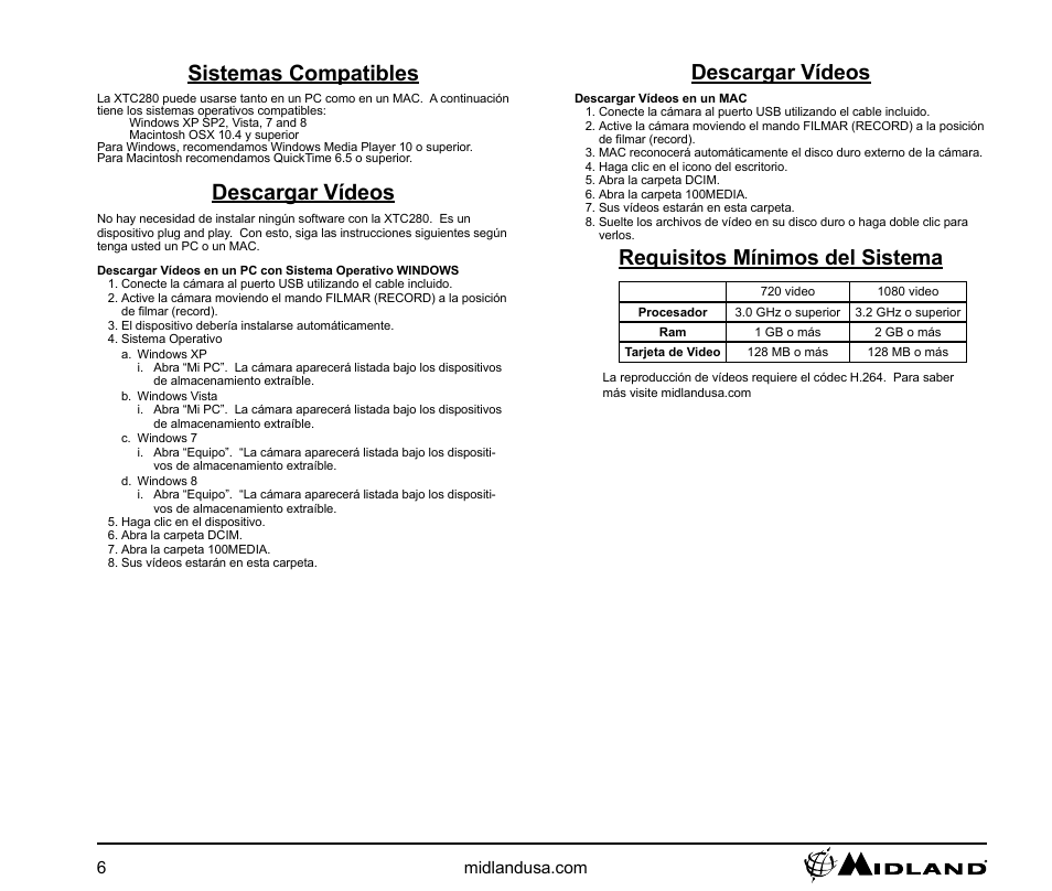 Sistemas compatibles, Descargar vídeos, Requisitos mínimos del sistema | MIDLAND XTC-280 User Manual | Page 6 / 12