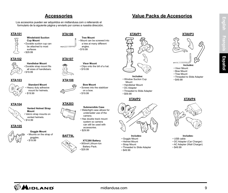 Accessories, Value packs de accesorios, English françois español | MIDLAND XTC-280 User Manual | Page 9 / 12