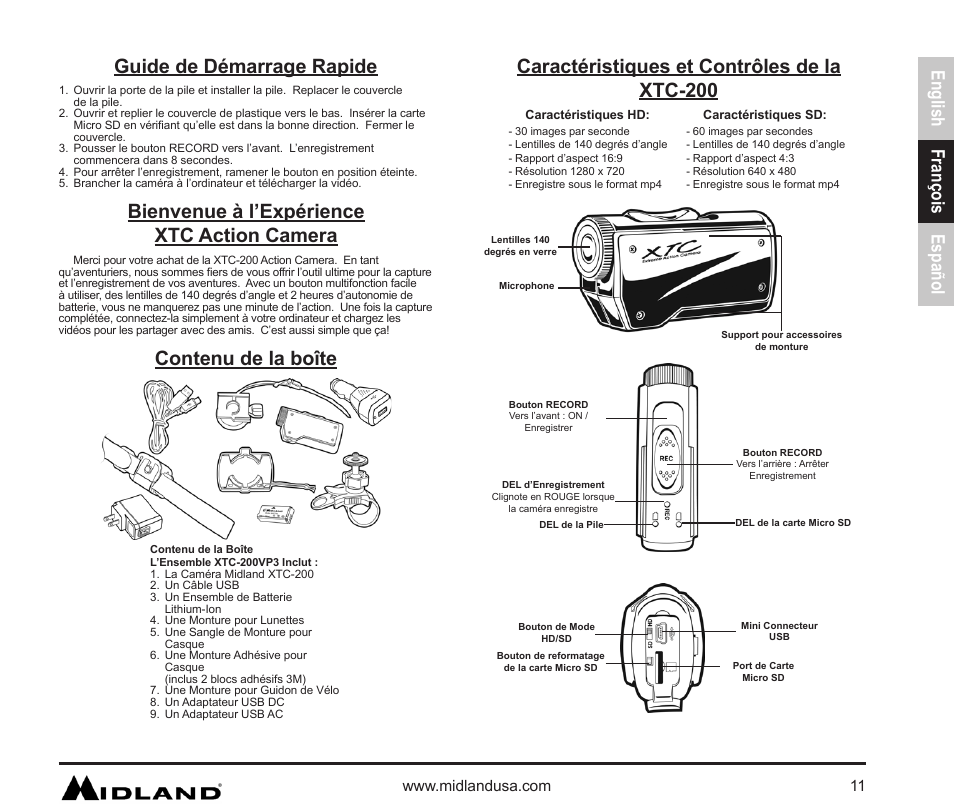 Guide de démarrage rapide, Contenu de la boîte, Bienvenue à l’expérience xtc action camera | Caractéristiques et contrôles de la xtc-200, English françois español | MIDLAND XTC 200 User Manual | Page 12 / 29