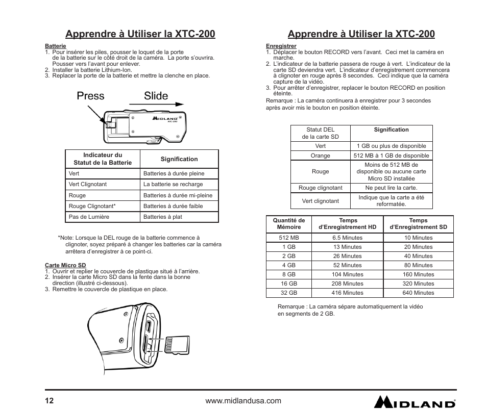 Apprendre à utiliser la xtc-200, Batterie, Carte micro sd | Enregistrer | MIDLAND XTC 200 User Manual | Page 13 / 29