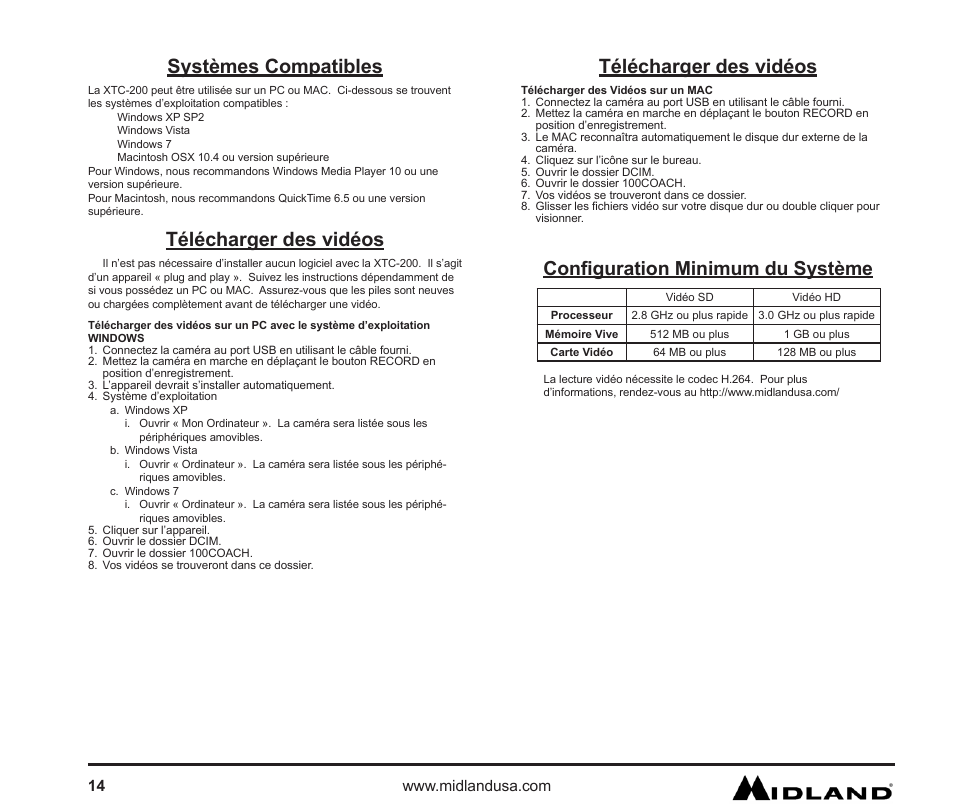 Systèmes compatibles, Télécharger des vidéos, Configuration minimum du système | MIDLAND XTC 200 User Manual | Page 15 / 29