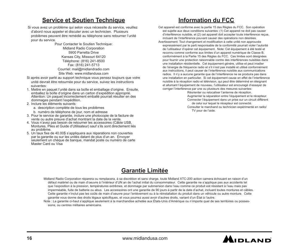 Service et soutien technique, Information du fcc, Garantie limitée | Information du fcc service et soutien technique | MIDLAND XTC 200 User Manual | Page 17 / 29