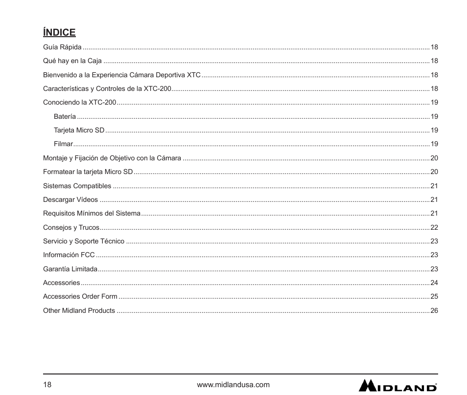 Índice | MIDLAND XTC 200 User Manual | Page 19 / 29