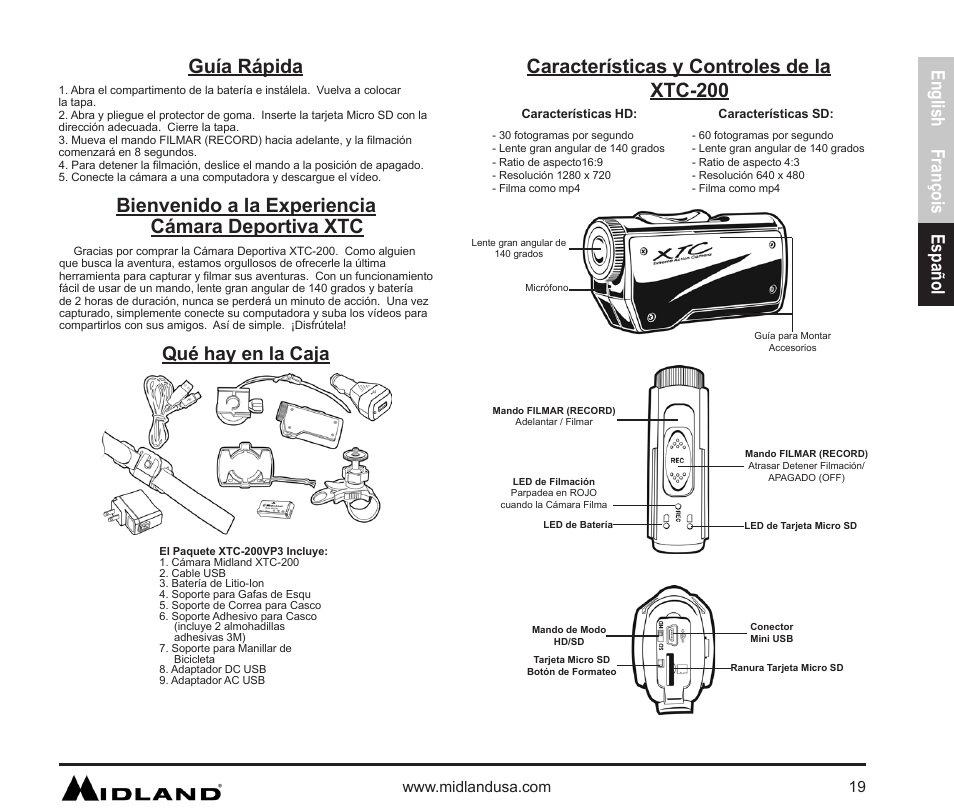 Guía rápida, Qué hay en la caja, Bienvenido a la experiencia cámara deportiva xtc | Características y controles de la xtc-200, English françois español | MIDLAND XTC 200 User Manual | Page 20 / 29