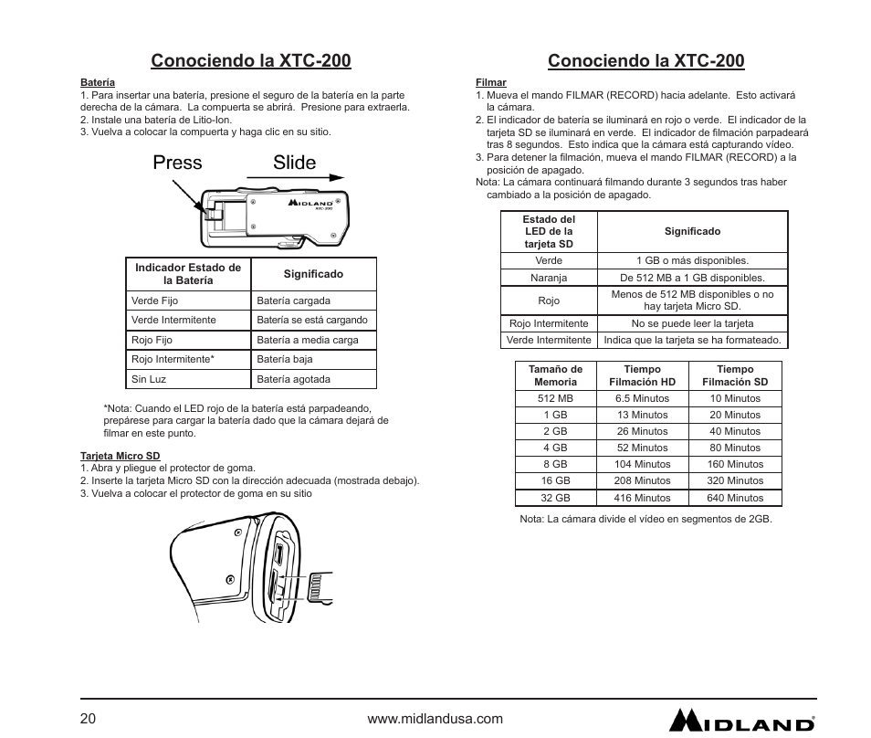 Conociendo la xtc-200, Batería, Tarjeta micro sd | Filmar | MIDLAND XTC 200 User Manual | Page 21 / 29