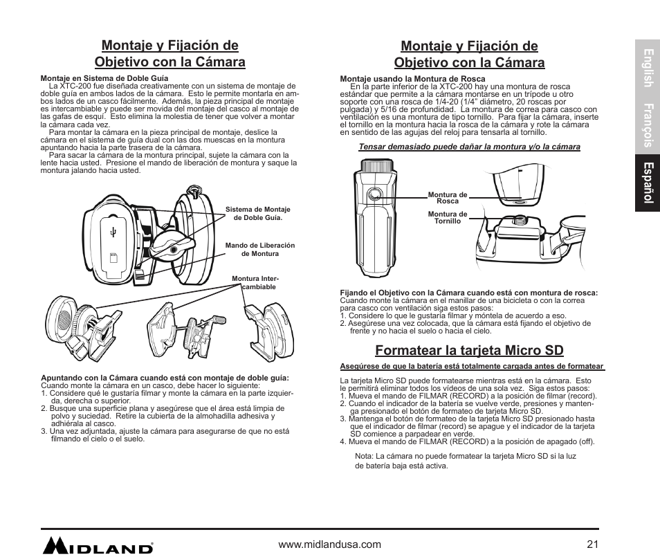 Montaje y fijación de, Objetivo con la cámara, Formatear la tarjeta micro sd | Montaje y fijación de objetivo con la cámara, English françois español | MIDLAND XTC 200 User Manual | Page 22 / 29