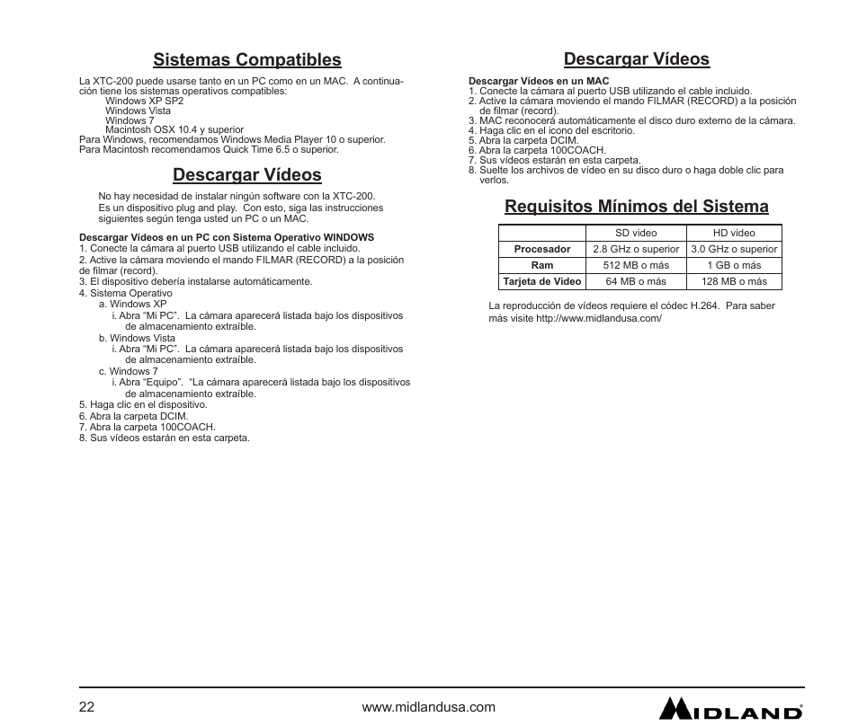 Sistemas compatibles, Descargar vídeos, Requisitos mínimos del sistema | MIDLAND XTC 200 User Manual | Page 23 / 29
