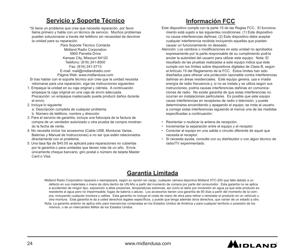 Servicio y soporte técnico, Información fcc, Garantía limitada | MIDLAND XTC 200 User Manual | Page 25 / 29