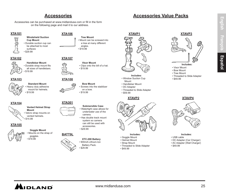 Accessories, Información fcc accessories value packs, English françois español | MIDLAND XTC 200 User Manual | Page 26 / 29