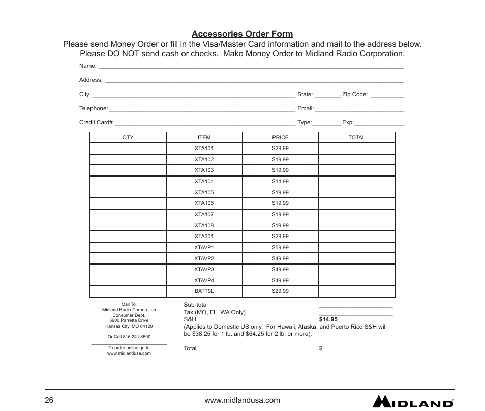 Accessories order form | MIDLAND XTC 200 User Manual | Page 27 / 29