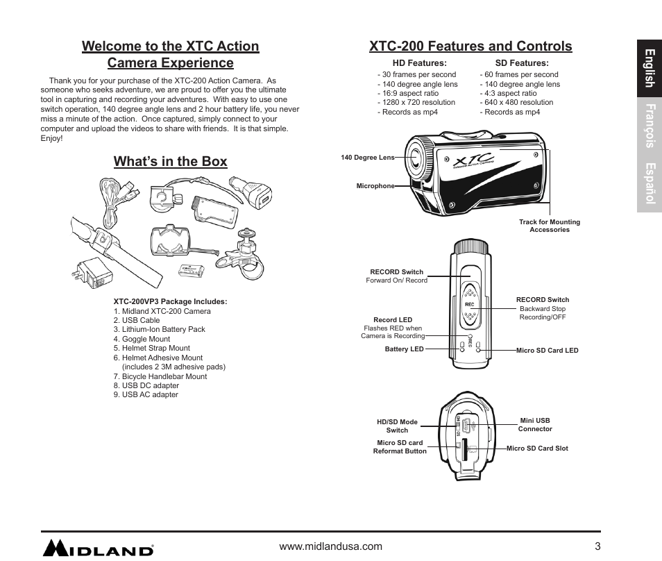 Quick start guide, Welcome to the xtc action camera experience, What’s in the box | Xtc-200 features and controls, English françois español | MIDLAND XTC 200 User Manual | Page 4 / 29