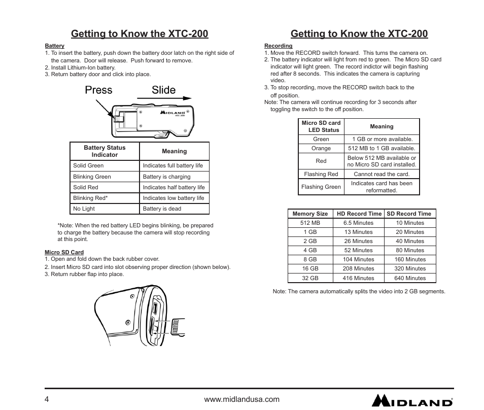 Getting to know the xtc-200, Battery, Micro sd card | Recording | MIDLAND XTC 200 User Manual | Page 5 / 29