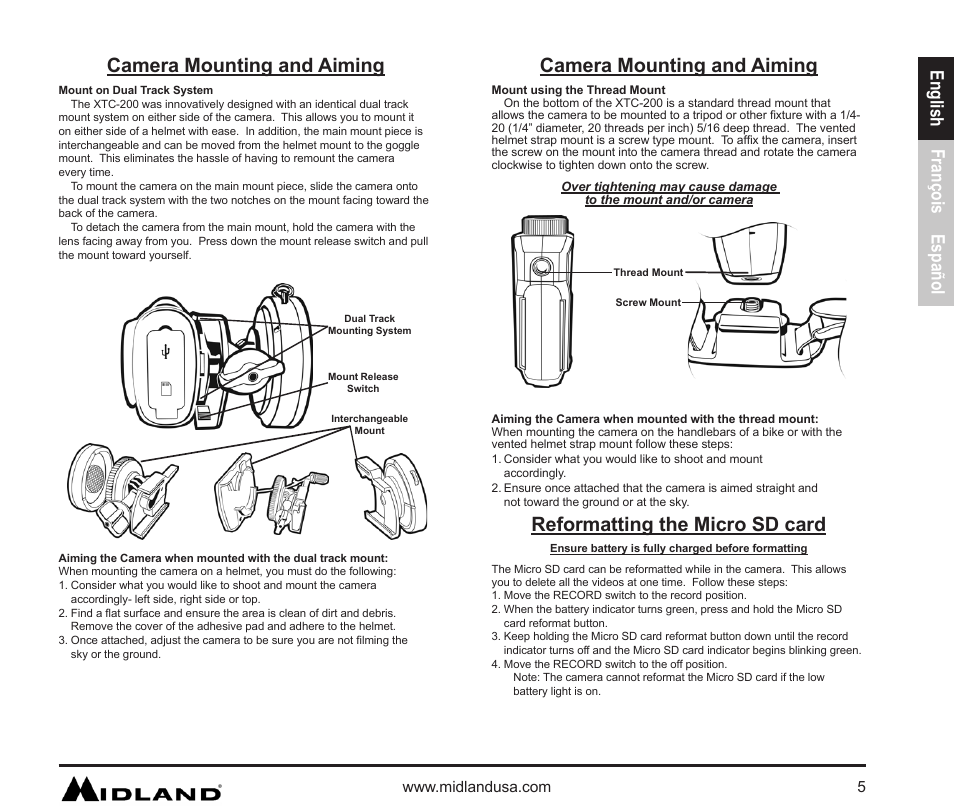 Camera mounting and aiming, Reformatting the micro sd card, English françois español | MIDLAND XTC 200 User Manual | Page 6 / 29