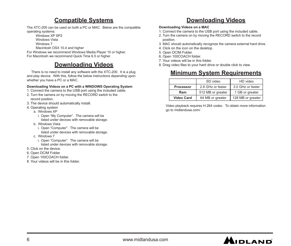 Compatible systems, Downloading videos, Minimum system requirements | MIDLAND XTC 200 User Manual | Page 7 / 29