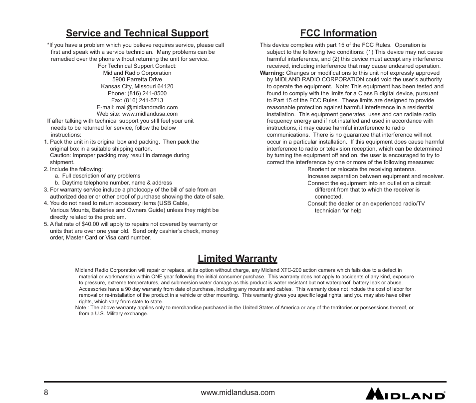 Service and technical support, Fcc information, Limited warranty | MIDLAND XTC 200 User Manual | Page 9 / 29