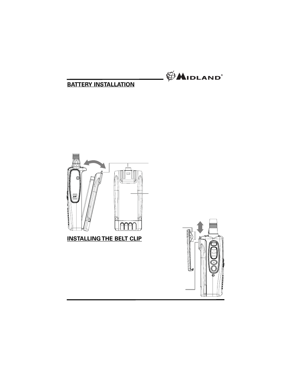 Battery installation, Installing the belt clip | MIDLAND GXT5000 User Manual | Page 5 / 24