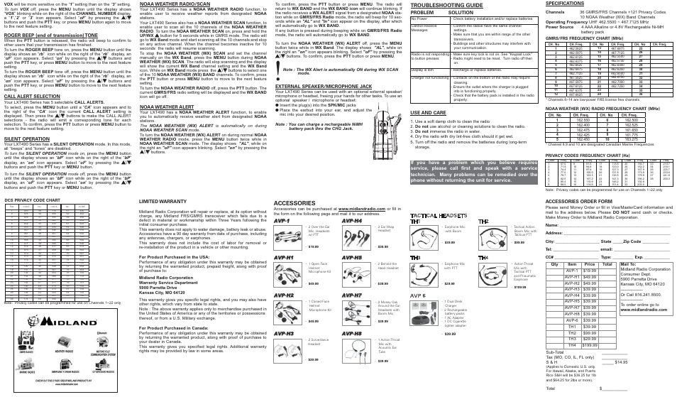Accessories, Troubleshooting guide | MIDLAND LXT490 User Manual | Page 2 / 2