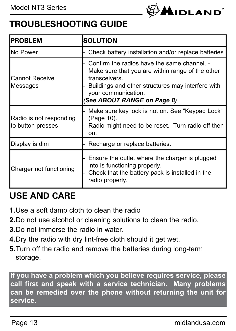 Troubleshooting guide, Use and care | MIDLAND NT3 User Manual | Page 13 / 22