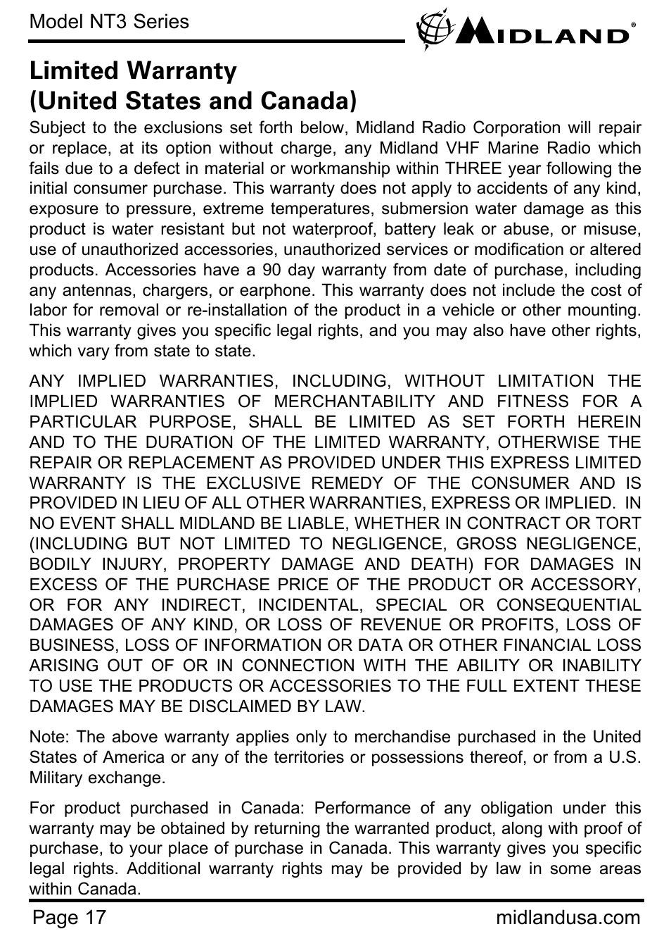 Limited warranty, Limited warranty (united states and canada) | MIDLAND NT3 User Manual | Page 17 / 22