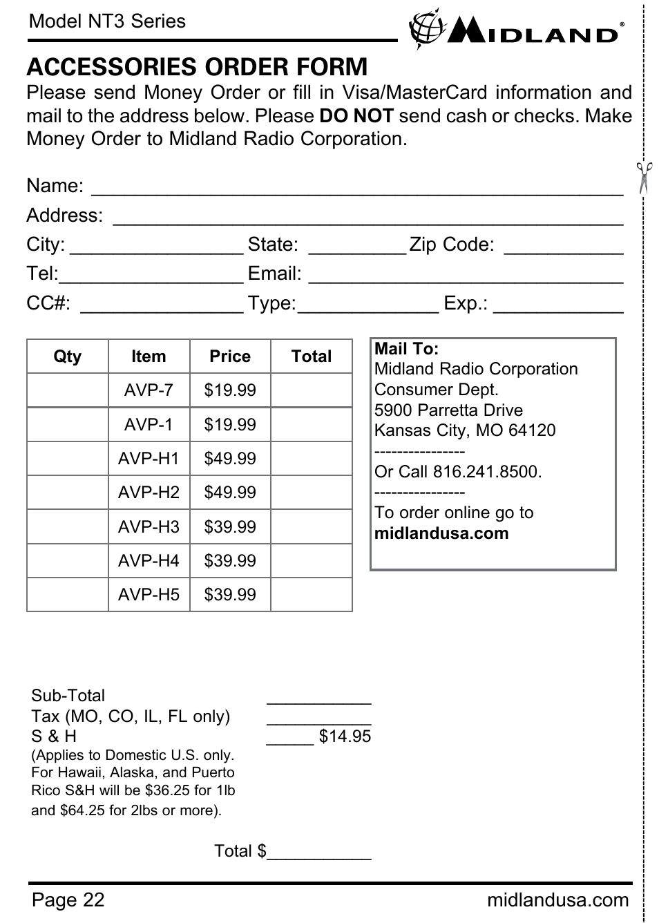 Accessories order form | MIDLAND NT3 User Manual | Page 22 / 22