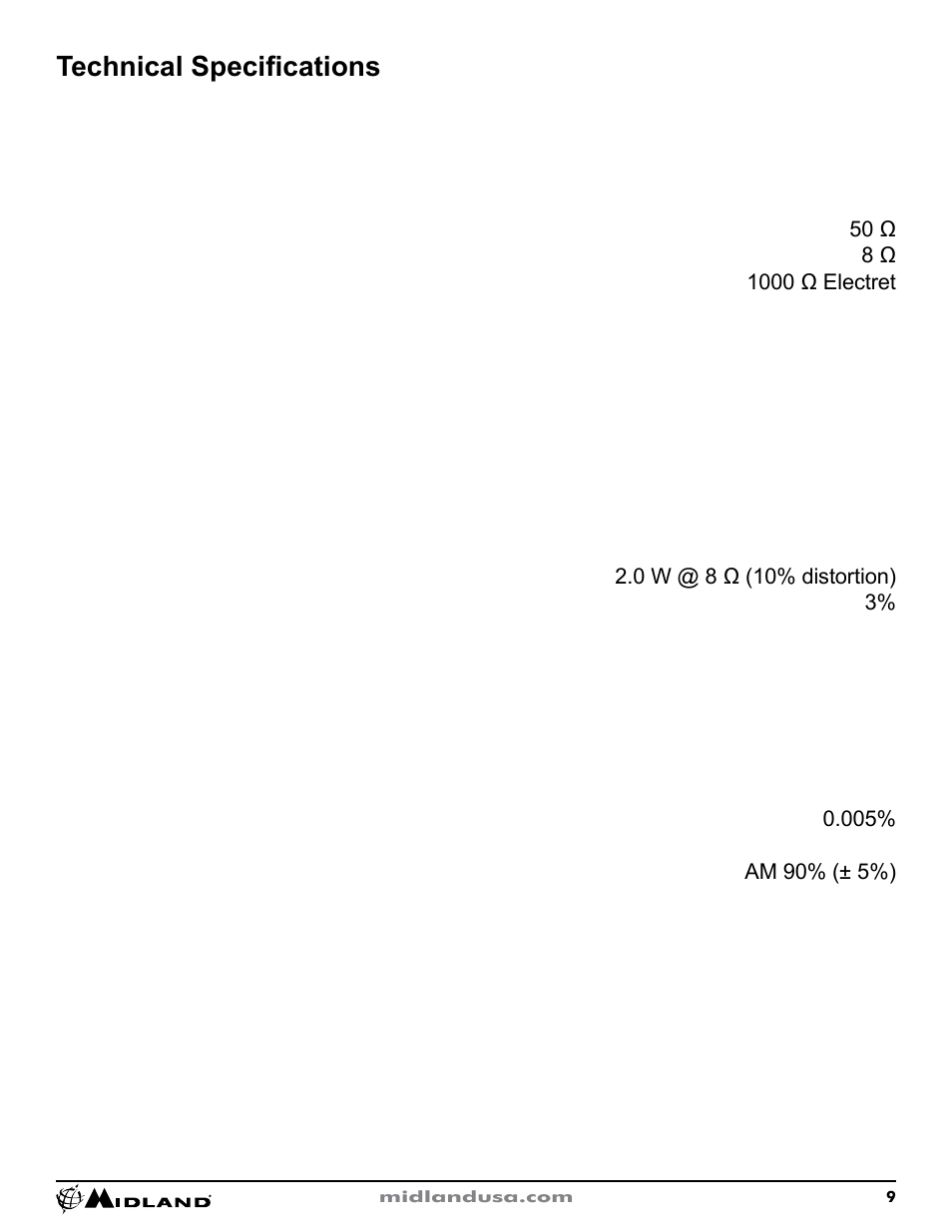 Technical specifications, General, Receiver | Transmitter, Technical specifications general | MIDLAND 1001z User Manual | Page 9 / 16