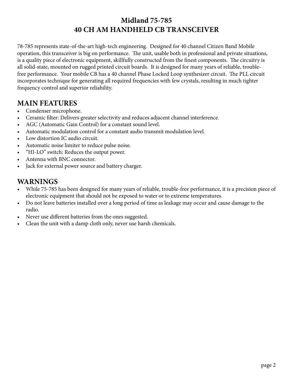 Midland 75-785 40 ch am handheld cb transceiver, Main features, Warnings | MIDLAND 75-785 User Manual | Page 2 / 8