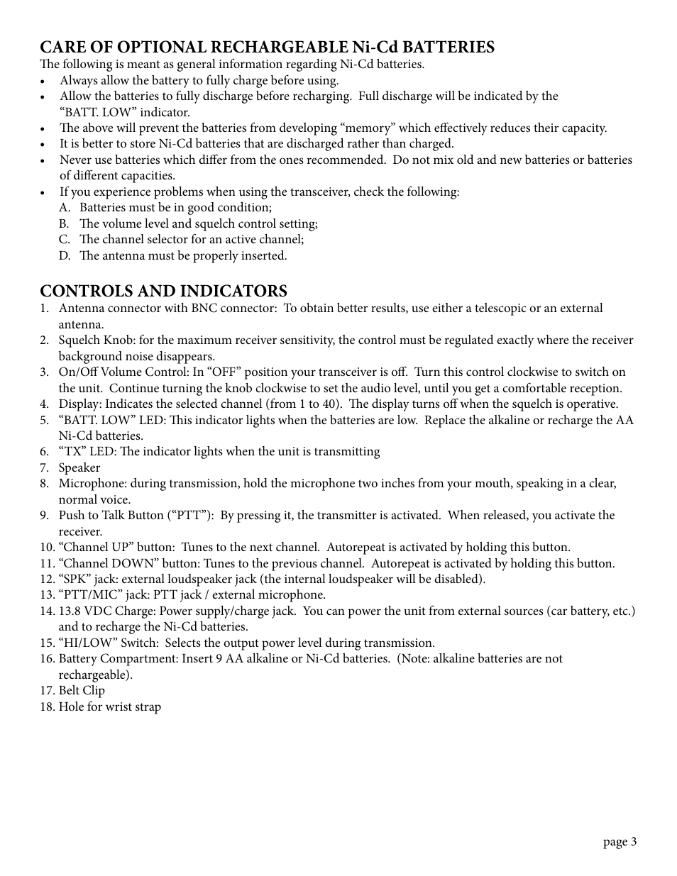Care of optional rechargeable ni-cd batteries, Controls and indicators | MIDLAND 75-785 User Manual | Page 3 / 8