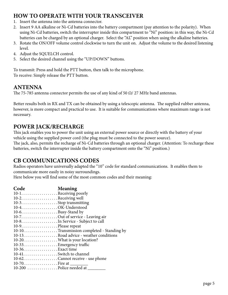 How to operate with your transceiver, Antenna, Power jack/recharge | Cb communications codes | MIDLAND 75-785 User Manual | Page 5 / 8
