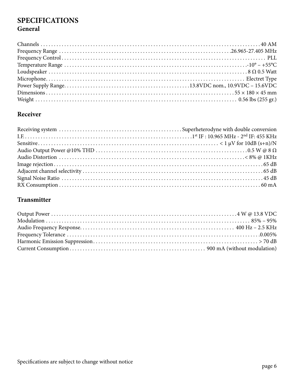 Specifications, General, Receiver | Transmitter | MIDLAND 75-785 User Manual | Page 6 / 8