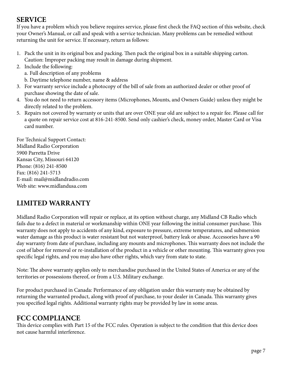 Service, Limited warranty, Fcc compliance | MIDLAND 75-785 User Manual | Page 7 / 8