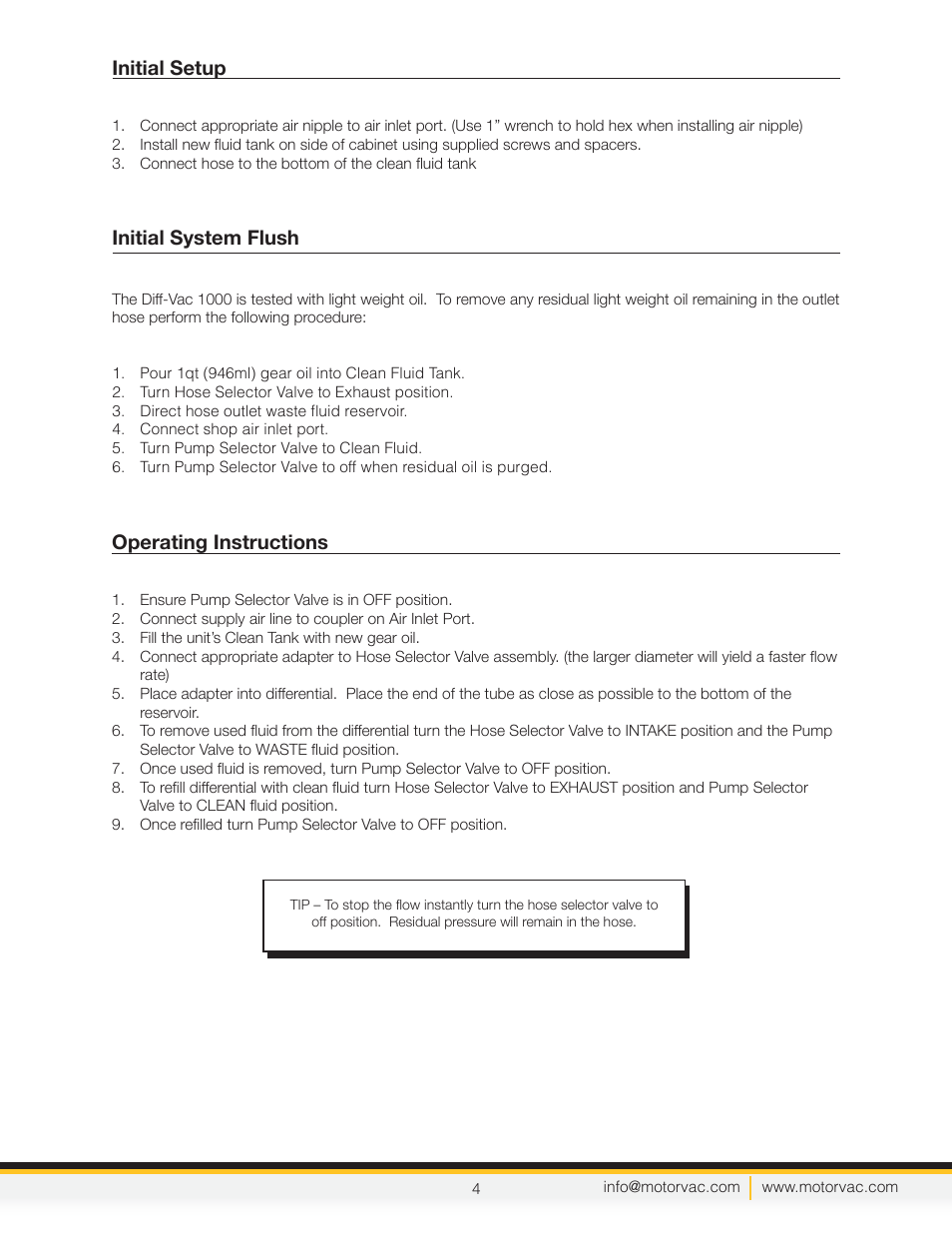Operating instructions, Initial setup, Initial system flush | MotorVac Diff-Vac 1000 User Manual | Page 7 / 9