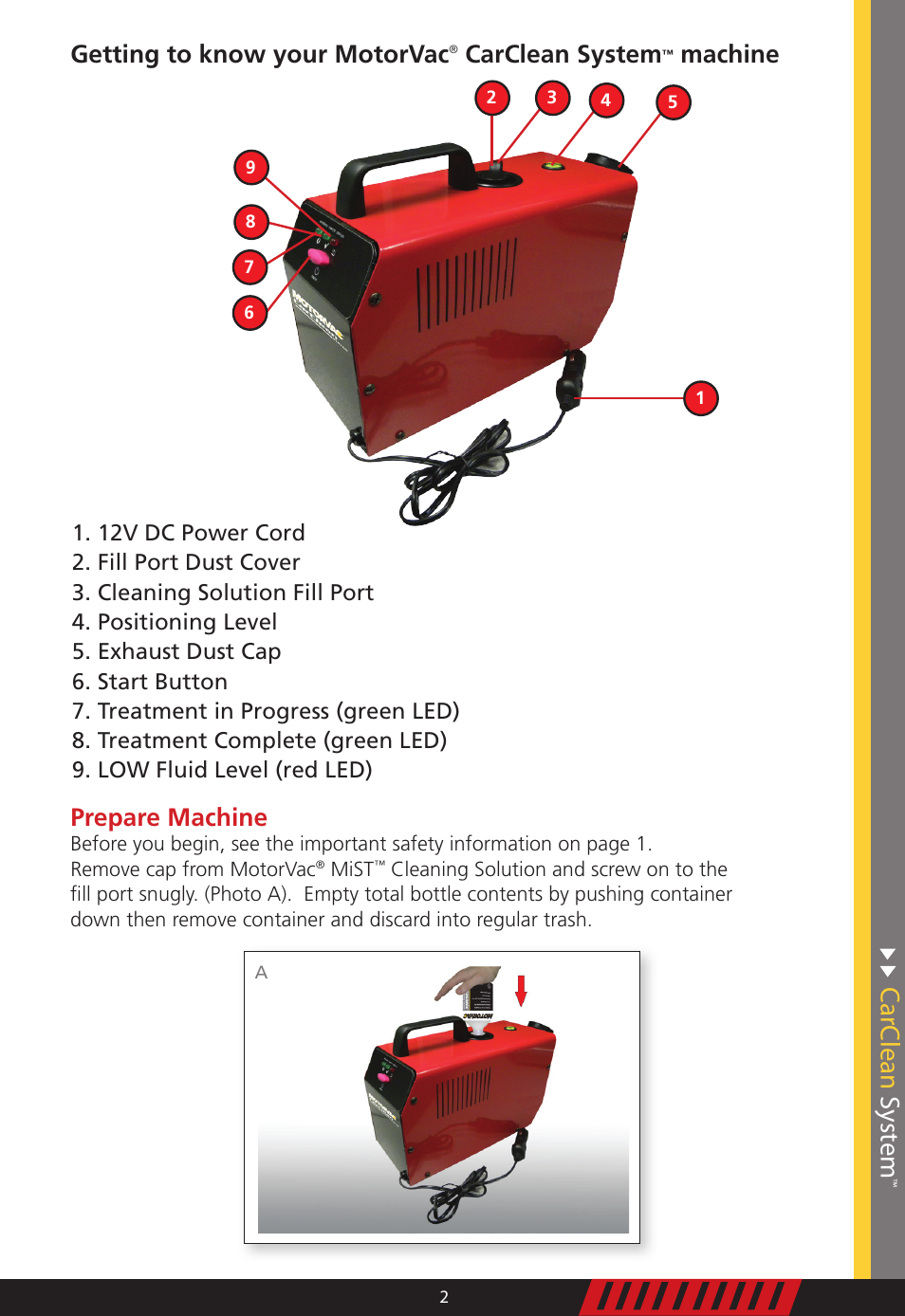 Getting to know your motorvac, Carclean system, Machine | Prepare machine | MotorVac CarClean System User Manual | Page 3 / 8