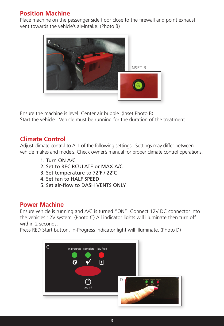 Position machine, Climate control, Power machine | MotorVac CarClean System User Manual | Page 4 / 8