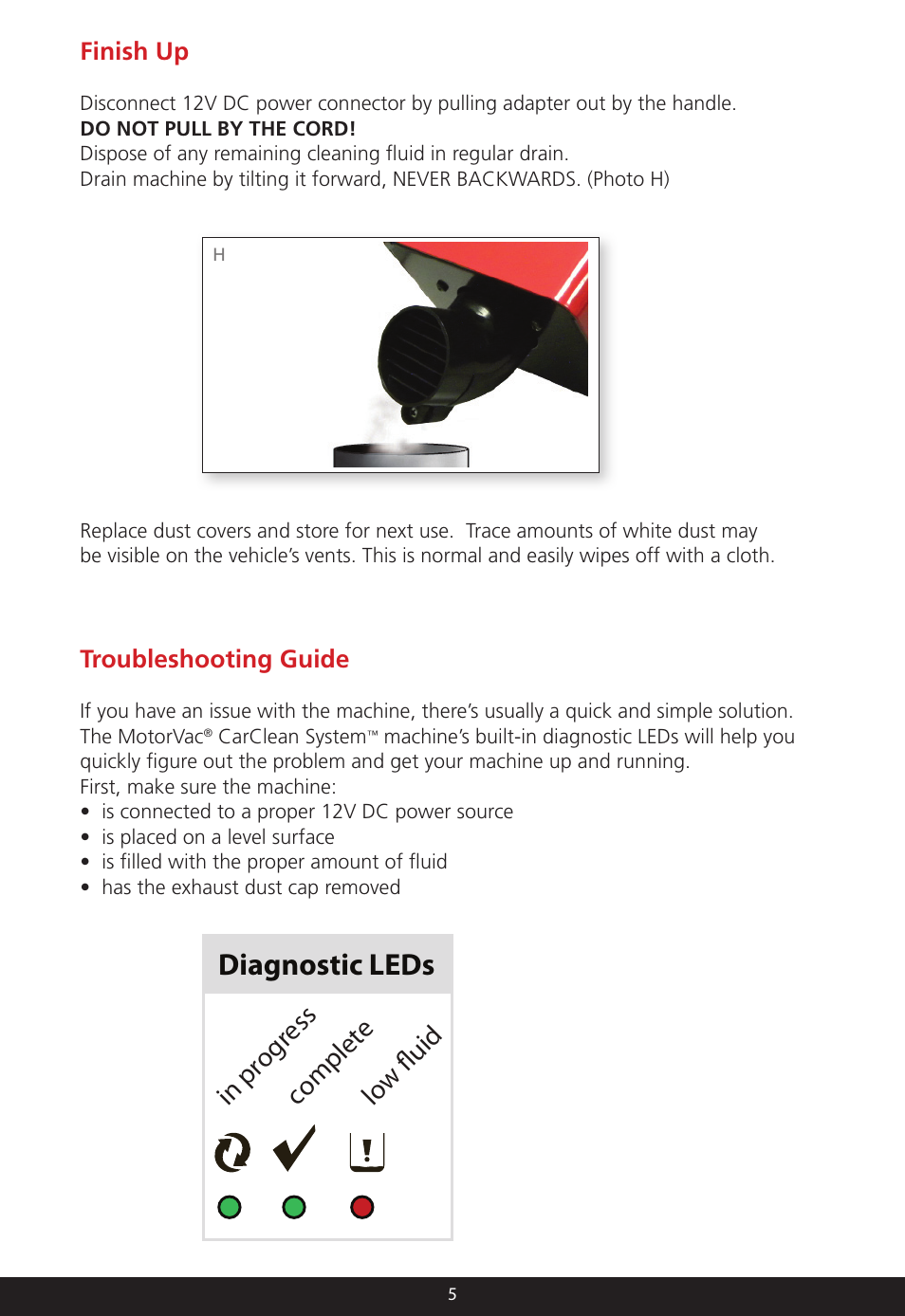Diagnostic leds, Finish up, Troubleshooting guide | MotorVac CarClean System User Manual | Page 6 / 8