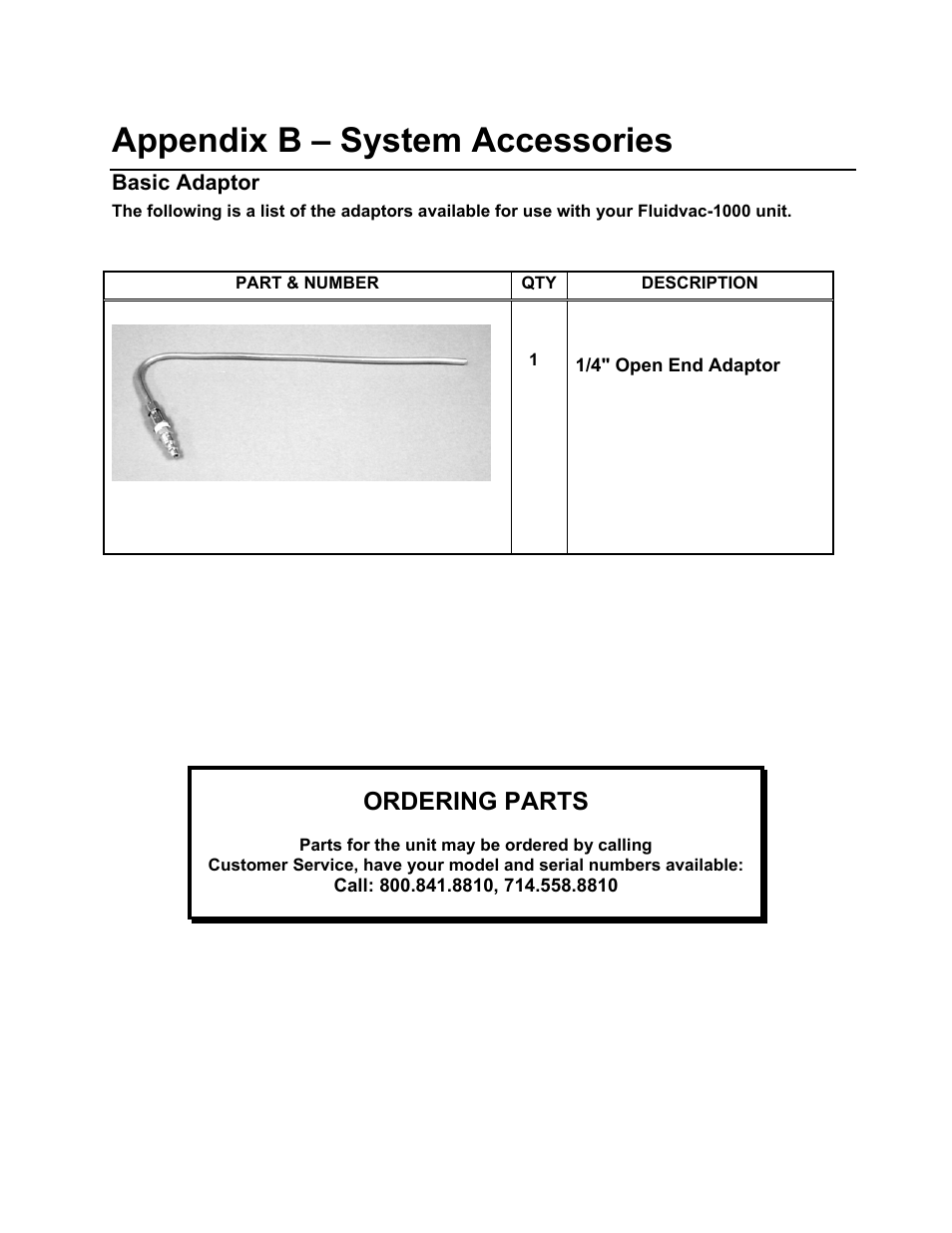 Appendix b – system accessories, Ordering parts | MotorVac FLUIDVAC-1000 User Manual | Page 14 / 16