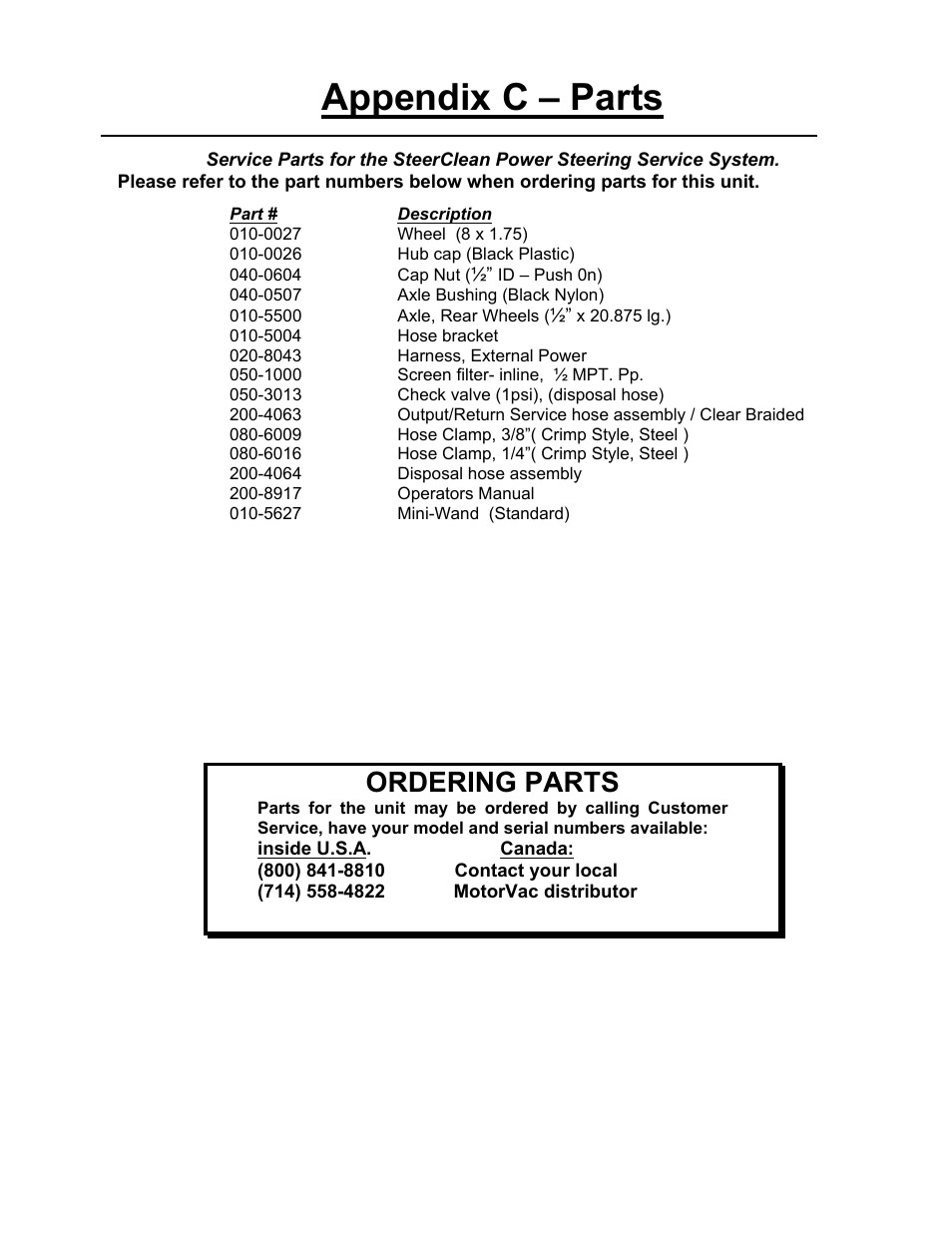 Appendix c – parts, Ordering parts | MotorVac SteerClean 1000 User Manual | Page 18 / 18