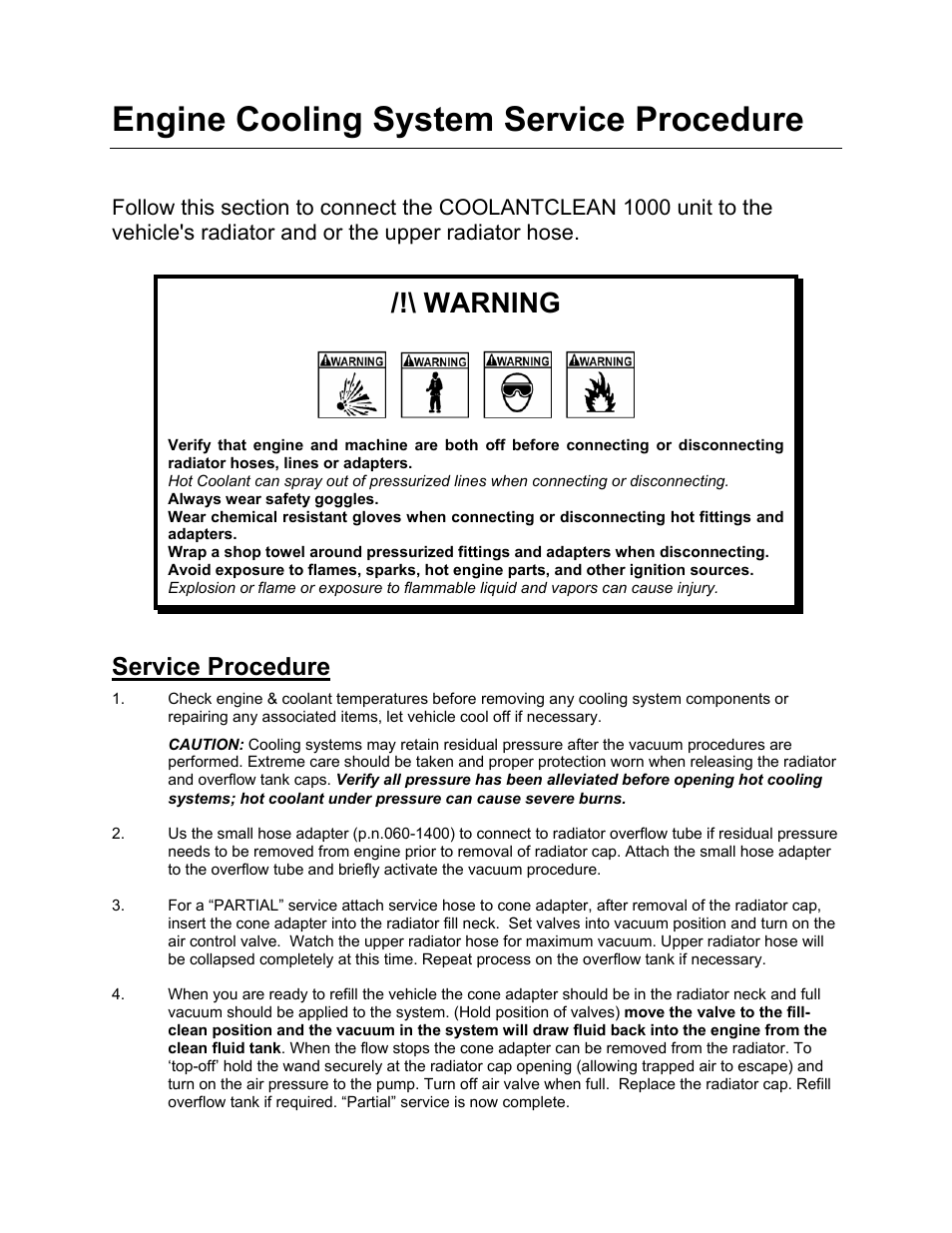 Engine cooling system service procedure, Warning, Service procedure | MotorVac COOLANTCLEAN-1000 User Manual | Page 12 / 17