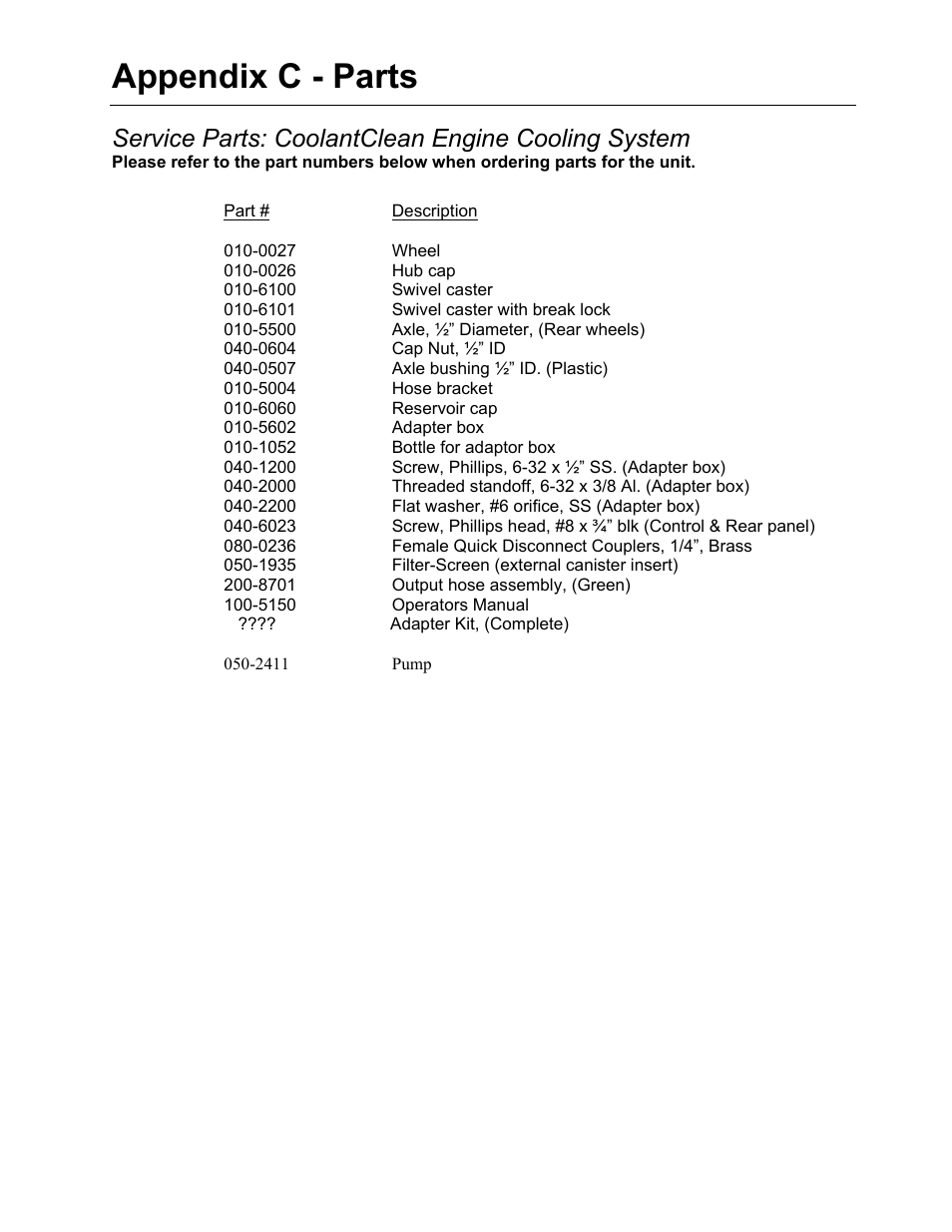 Appendix c - parts, Service parts: coolantclean engine cooling system | MotorVac COOLANTCLEAN-1000 User Manual | Page 17 / 17