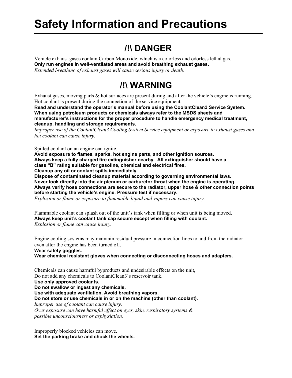 Safety information and precautions, Danger, Warning | MotorVac COOLANTCLEAN III User Manual | Page 10 / 25