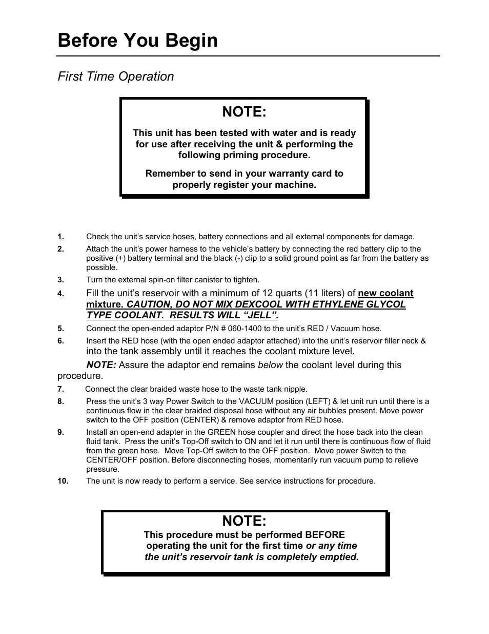 Before you begin, First time operation | MotorVac COOLANTCLEAN III User Manual | Page 12 / 25