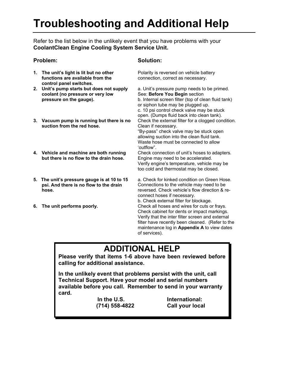 Troubleshooting and additional help, Additional help | MotorVac COOLANTCLEAN III User Manual | Page 17 / 25