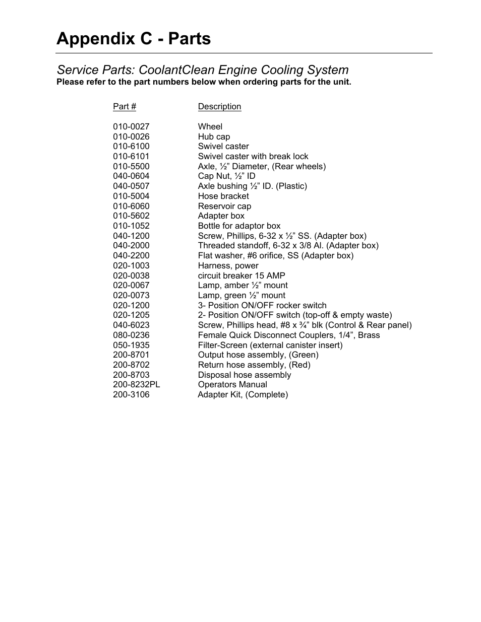 Appendix c - parts, Service parts: coolantclean engine cooling system | MotorVac COOLANTCLEAN III User Manual | Page 25 / 25