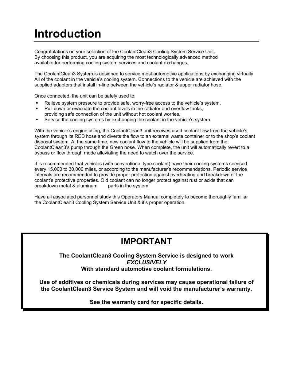 Introduction, Important | MotorVac COOLANTCLEAN III User Manual | Page 3 / 25