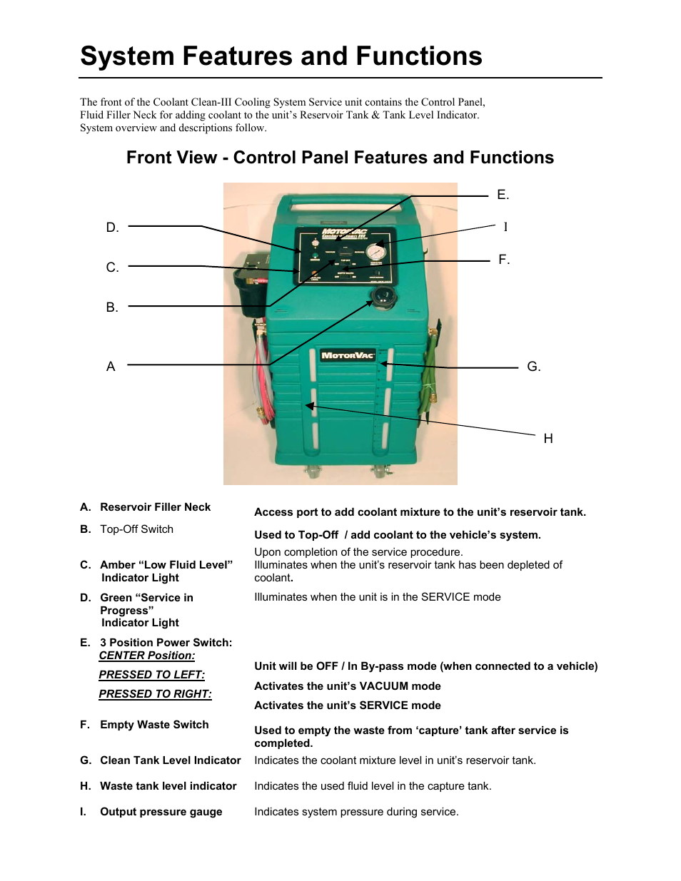 System features and functions, Front view - control panel features and functions | MotorVac COOLANTCLEAN III User Manual | Page 5 / 25