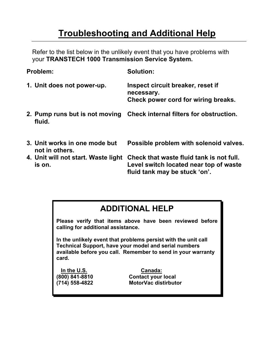 Troubleshooting and additional help, Additional help | MotorVac TRANSTECH-1000 User Manual | Page 15 / 19