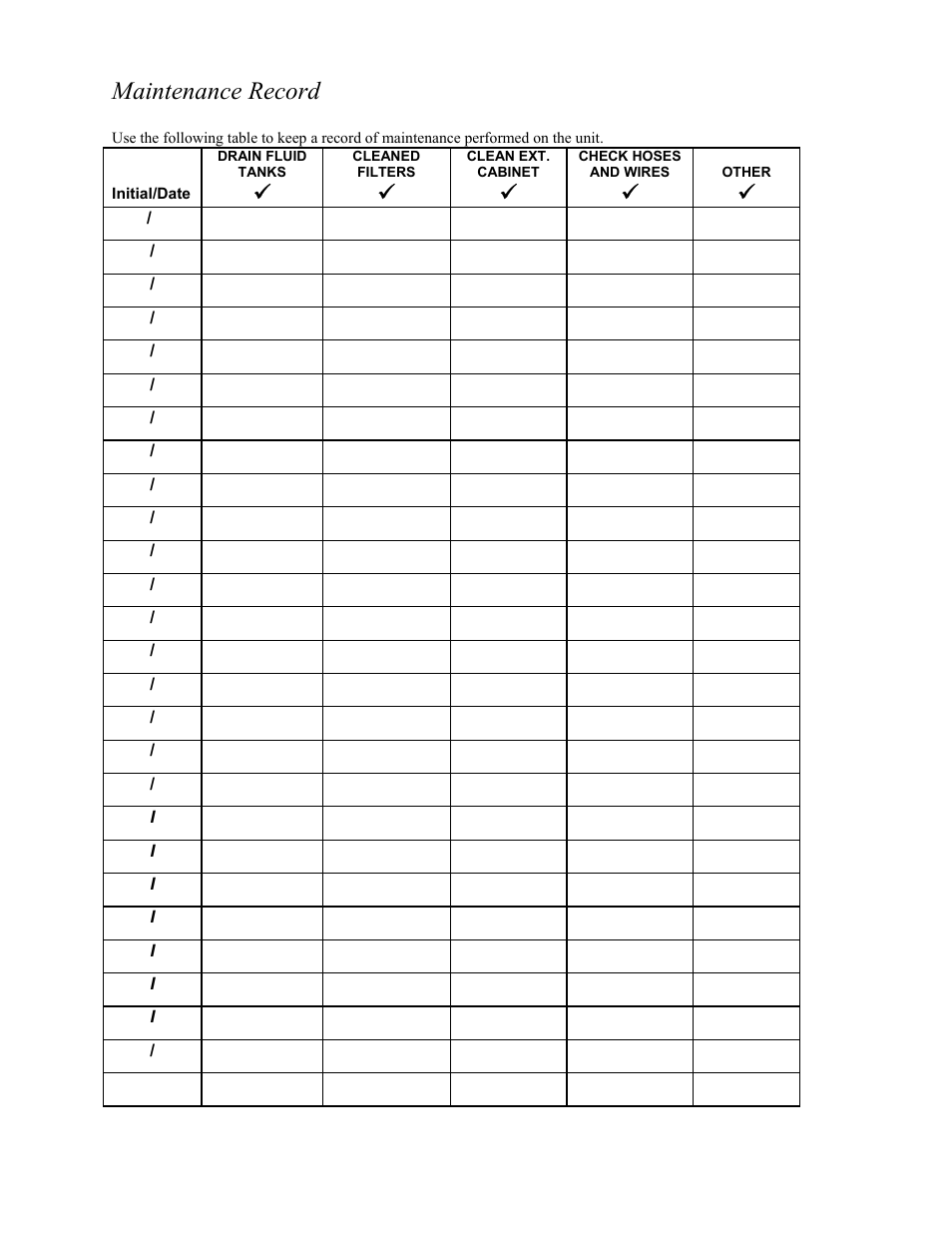 Maintenance record | MotorVac TRANSTECH-1000 User Manual | Page 17 / 19