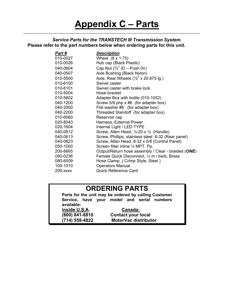 Appendix c – parts, Ordering parts | MotorVac TRANSTECH-1000 User Manual | Page 19 / 19