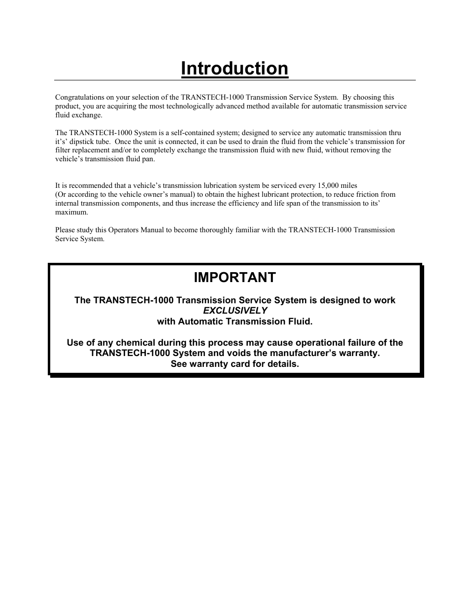 Introduction, Important | MotorVac TRANSTECH-1000 User Manual | Page 3 / 19